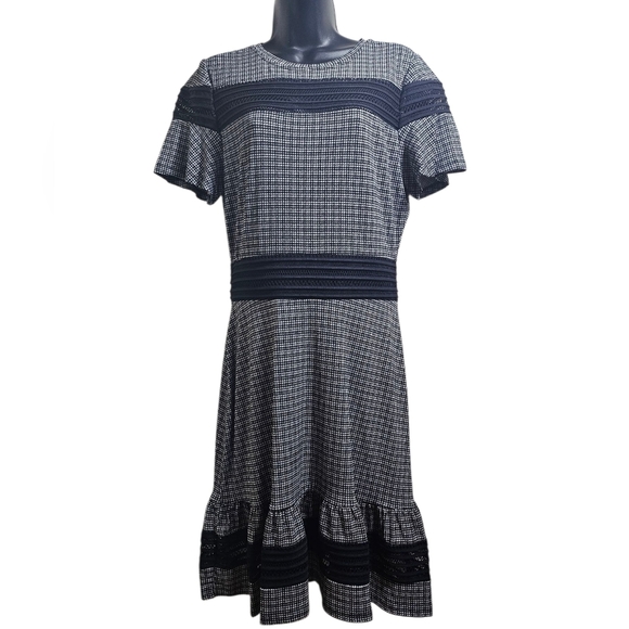 Michael Kors Houndstooth Short Sleeve Mesh Panel See Thru Midi Dress Medium - Picture 1 of 10